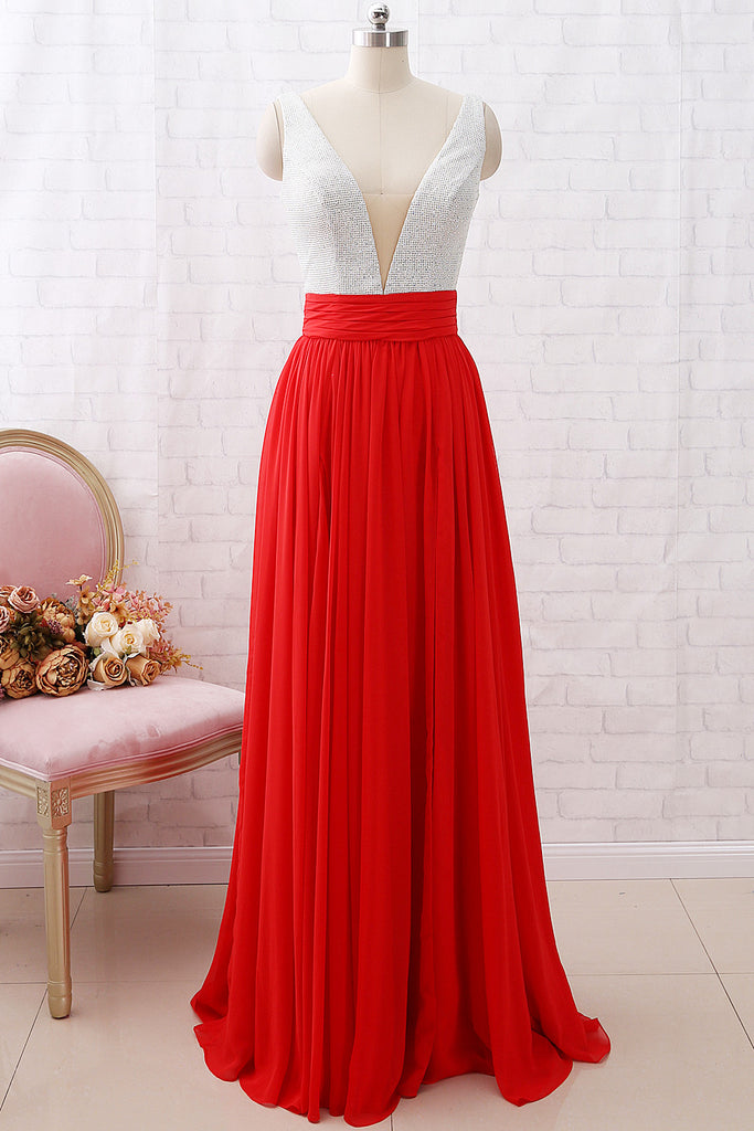 MACloth Straps V neck Red Long Prom Dress Chiffon Formal Evening Gown