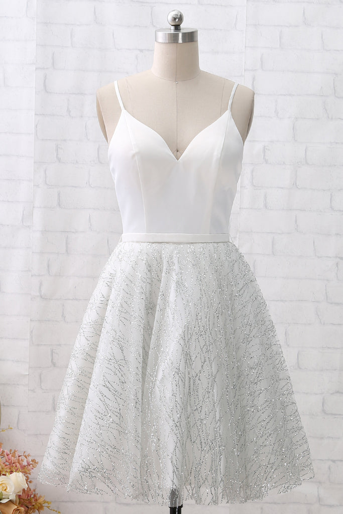 MACloth Straps V Neck White Mini Prom Homecoming Dress Cocktail Party Dress