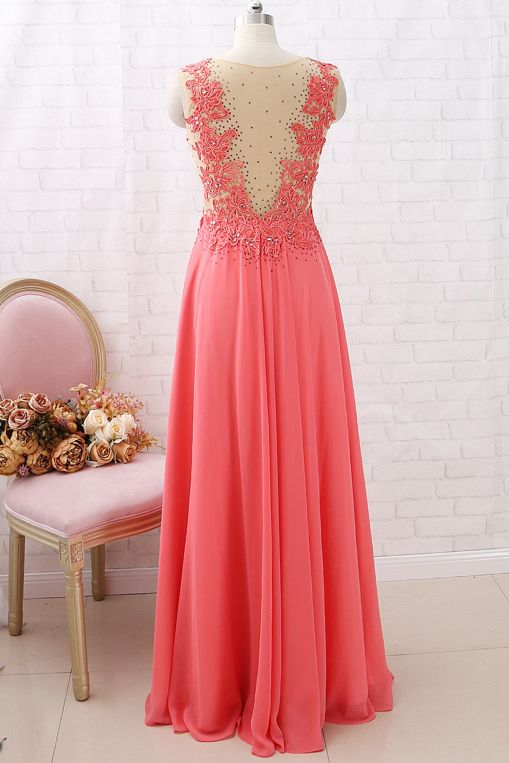 Macloth V Neck Chiffon Lace Coral Long Prom Dress Vintage Formal Evening Gown US16W / Custom Color