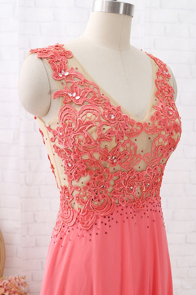 MACloth V Neck Chiffon Lace Coral Long Prom Dress Vintage Formal Evening Gown