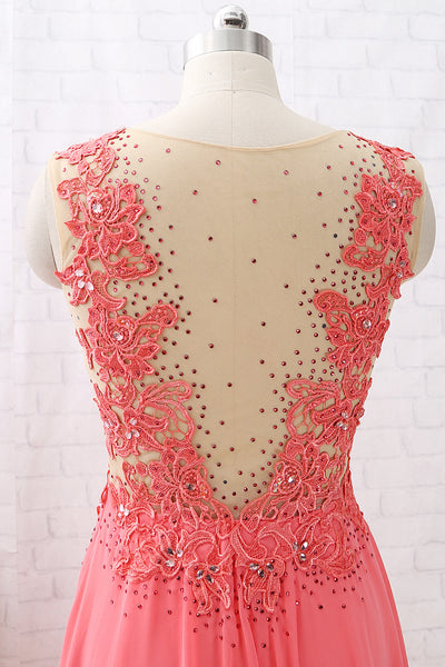MACloth V Neck Chiffon Lace Coral Long Prom Dress Vintage Formal Evening Gown