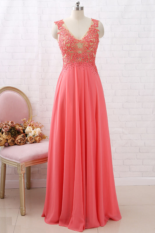 MACloth V Neck Chiffon Lace Coral Long Prom Dress Vintage Formal Evening Gown