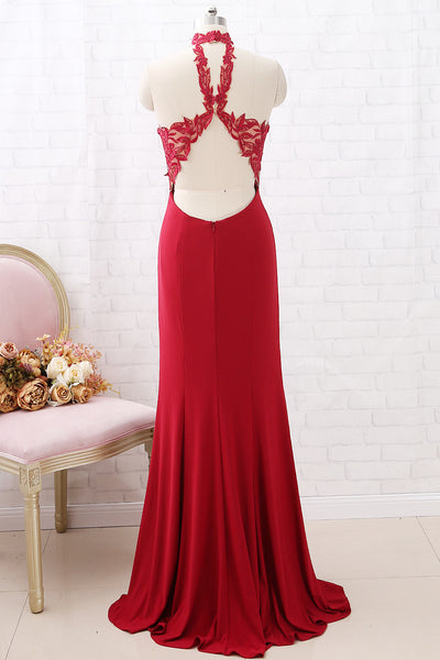 MACloth High Neck Mermaid Burgundy Long Prom Dress Jersey Formal Evening Gown