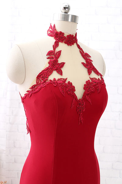 MACloth High Neck Mermaid Burgundy Long Prom Dress Jersey Formal Evening Gown