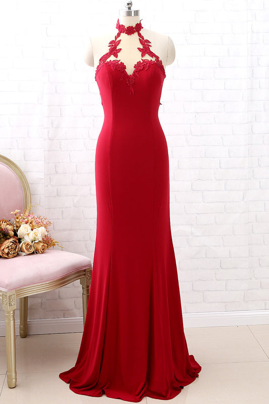 MACloth High Neck Mermaid Burgundy Long Prom Dress Jersey Formal Evening Gown