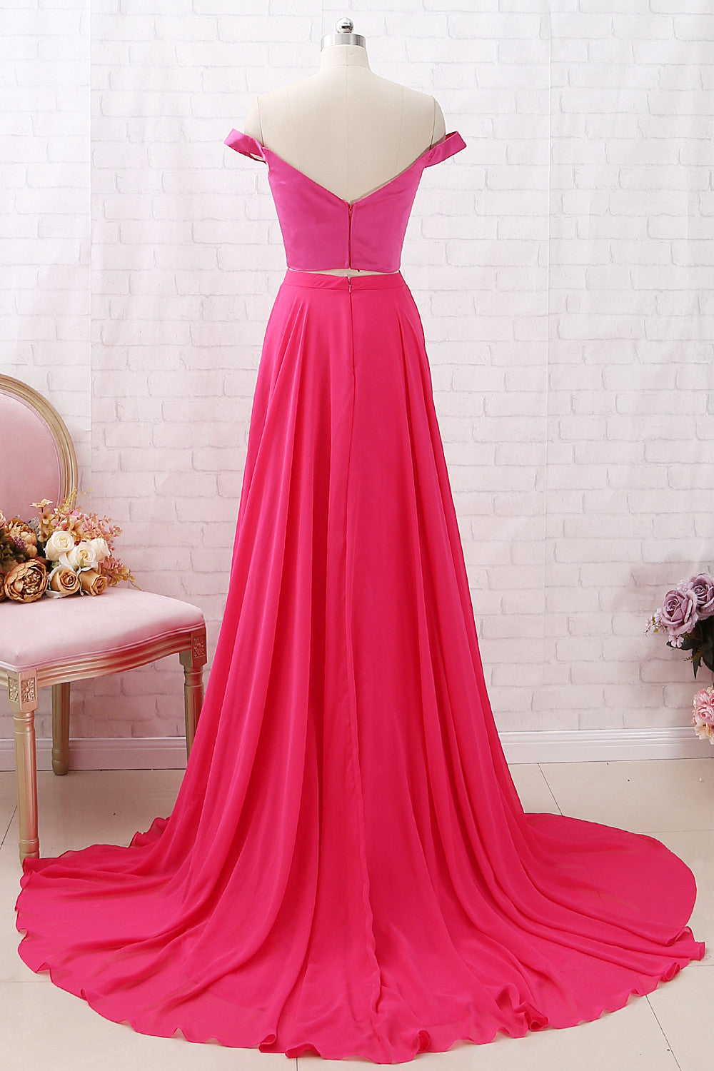 MACloth Off the Shoulder Two Piece Hot Pink Prom Dress Chiffon Formal Dress