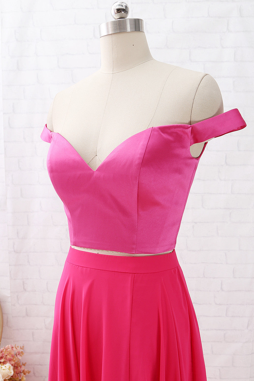 MACloth Off the Shoulder Two Piece Hot Pink Prom Dress Chiffon Formal Dress