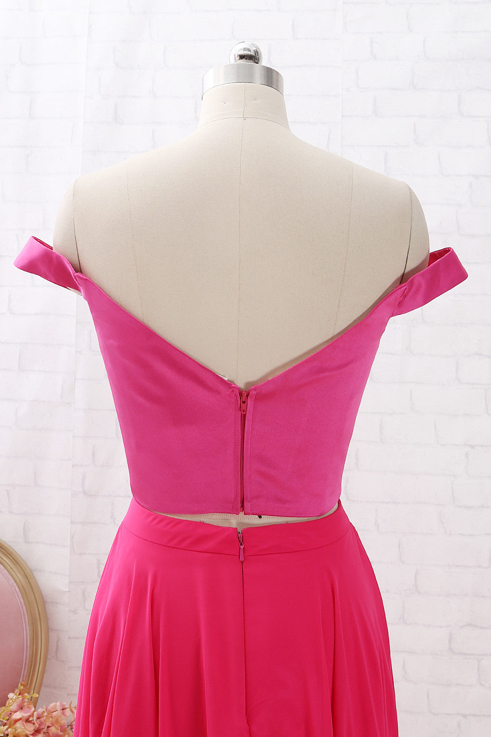 MACloth Off the Shoulder Two Piece Hot Pink Prom Dress Chiffon Formal Dress