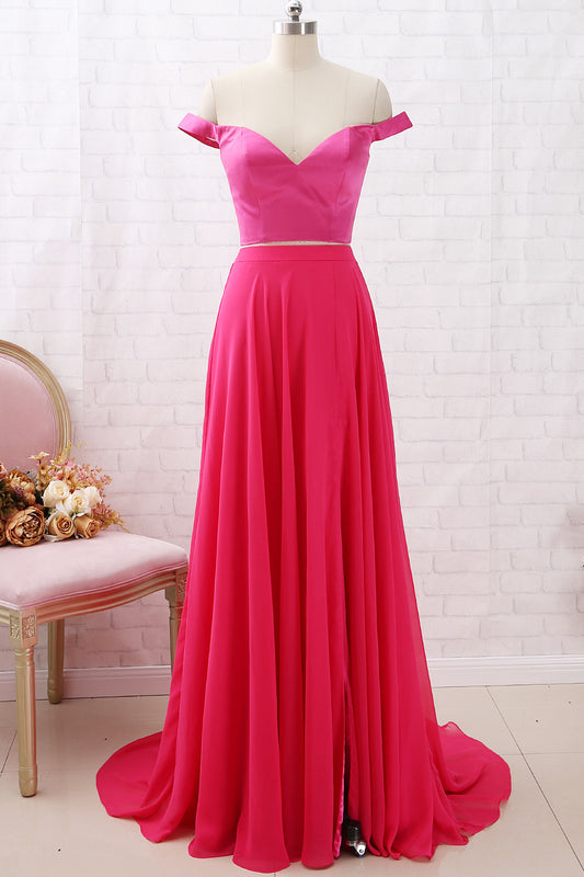 MACloth Off the Shoulder Two Piece Hot Pink Prom Dress Chiffon Formal Dress