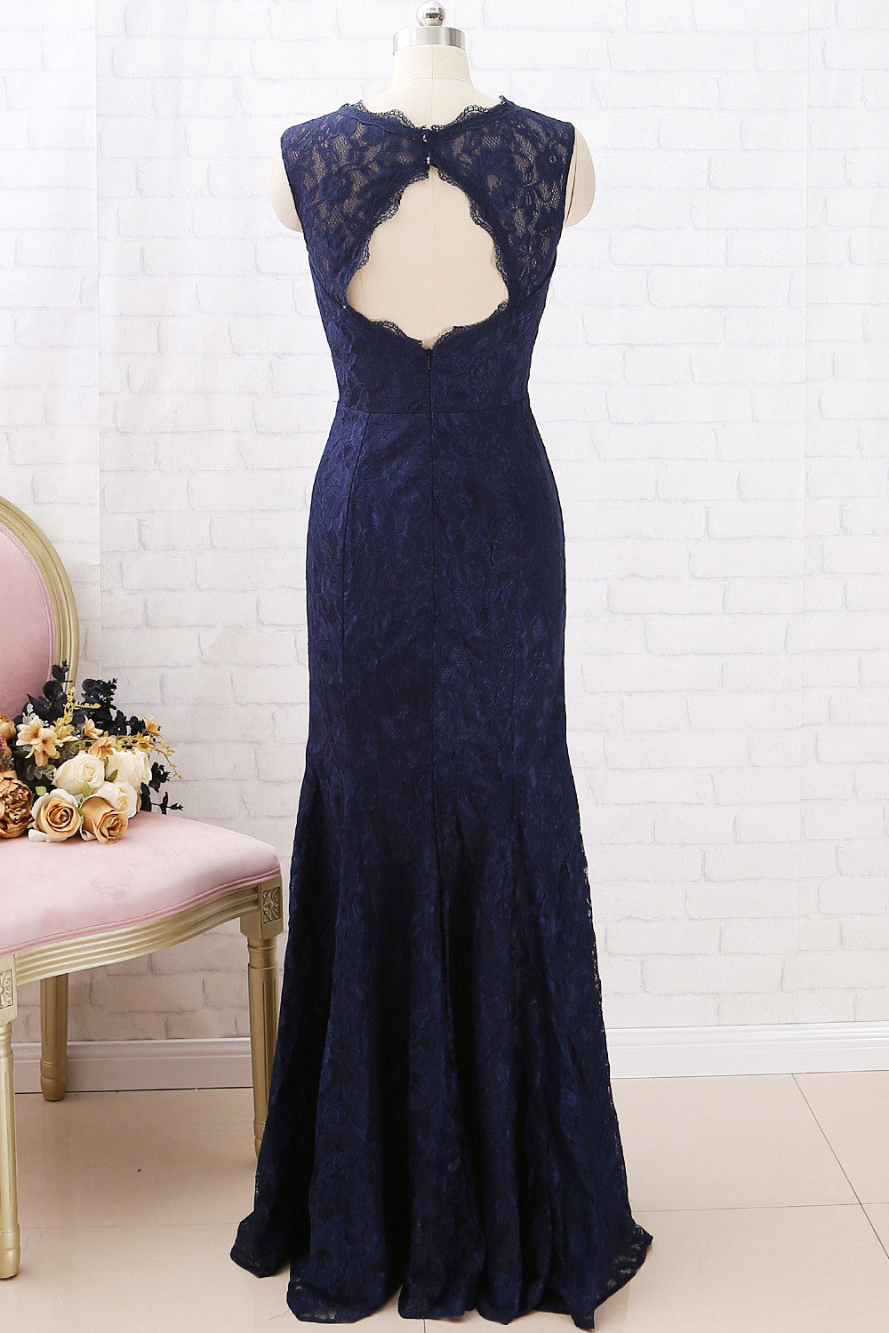 MACloth Meerjungfrau Spitze Langes Brautjungfernkleid Dunkelmarineblau Formales Abendkleid