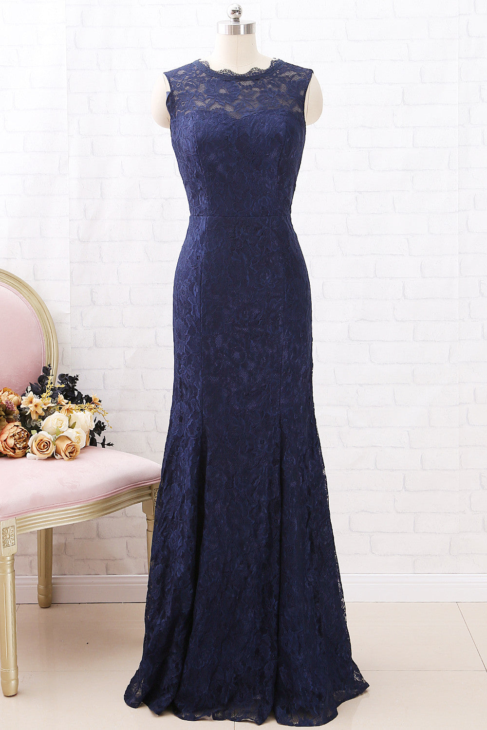 MACloth Meerjungfrau Spitze Langes Brautjungfernkleid Dunkelmarineblau Formales Abendkleid