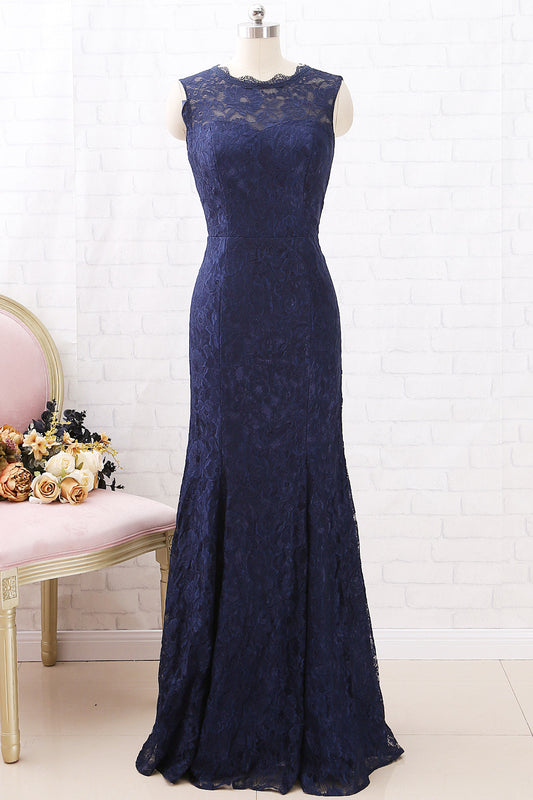 Vestido de dama de honor largo de encaje de sirena MACloth, vestido de noche formal azul marino oscuro