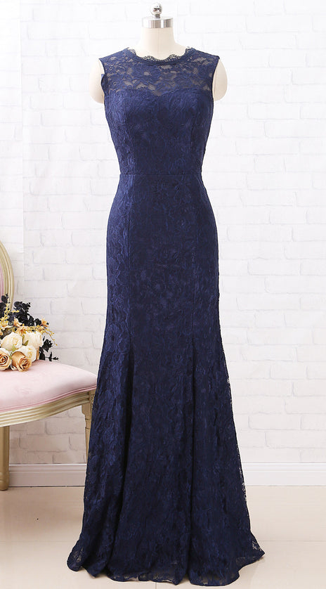 MACloth Mermaid Lace Long Bridesmaid Dress Dark Navy Formal Evening Gown