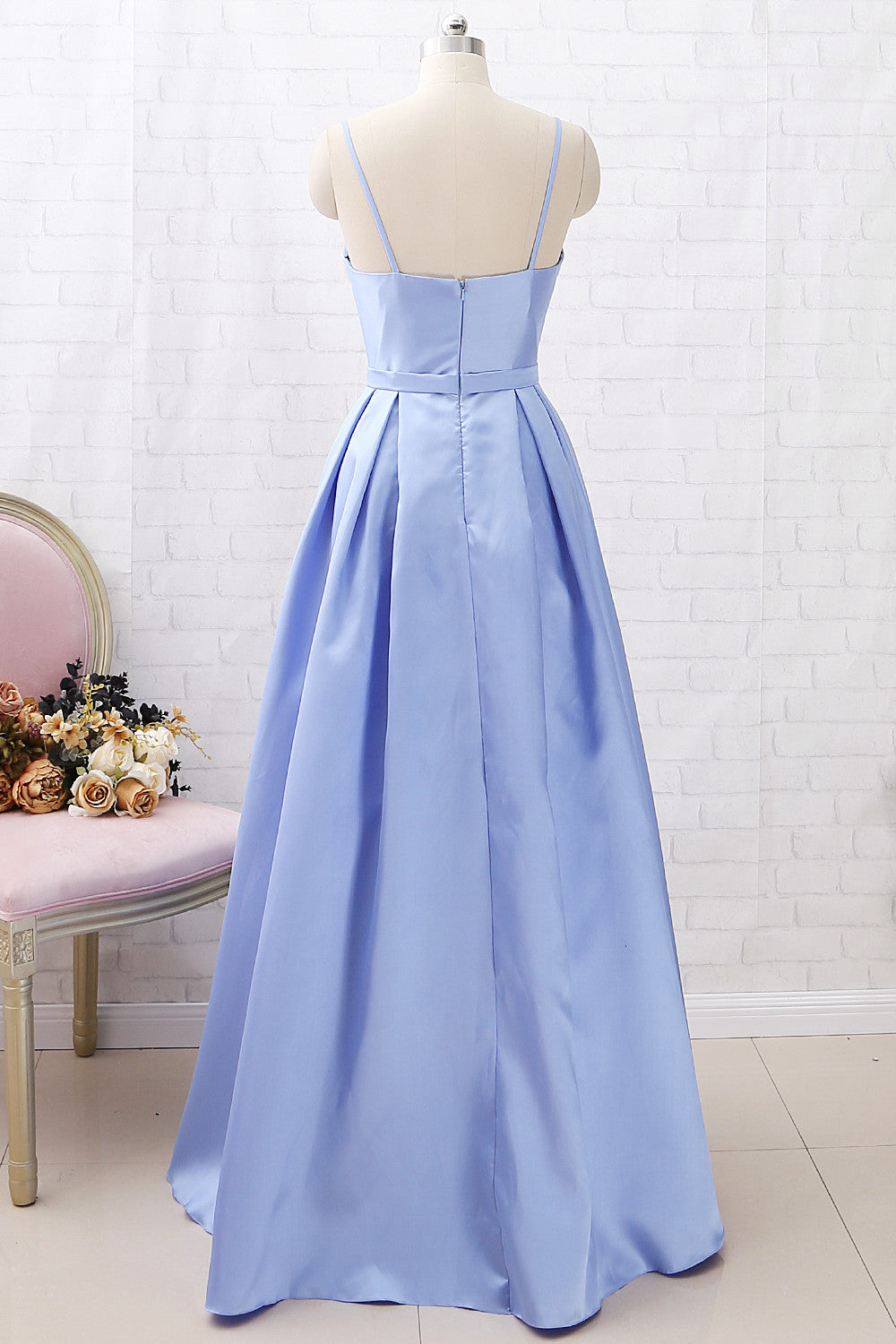 Vestido de fiesta largo de satén con tirantes finos de MACloth, vestido de noche formal en azul cielo