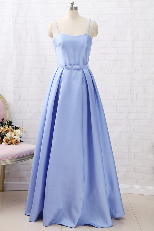Vestido de fiesta largo de satén con tirantes finos de MACloth, vestido de noche formal en azul cielo
