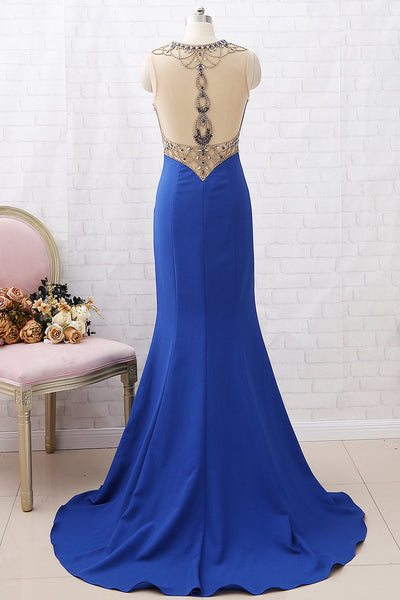 MACloth Mermaid Crystals Long Prom Dress Royal Blue Formal Evening Gown