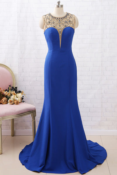 MACloth Mermaid Crystals Long Prom Dress Royal Blue Formal Evening Gown