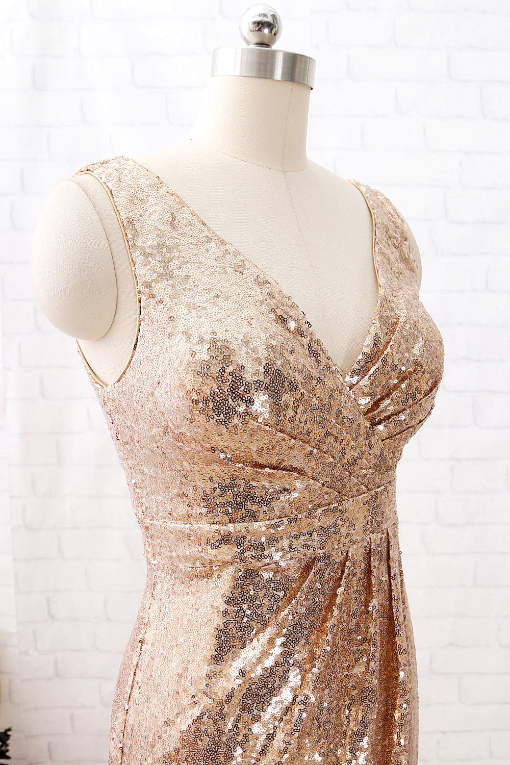 MACloth Träger V-Ausschnitt High Low Pailletten Brautjungfernkleid Schlichtes formelles Abendkleid