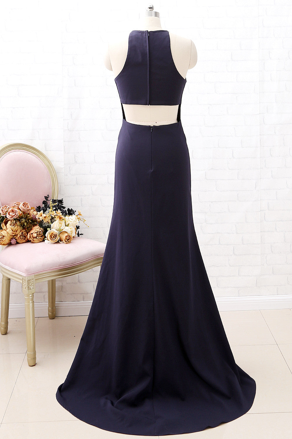 MACloth Neckholder-O-Ausschnitt, Dunkelmarineblau, formelles Abendkleid mit Schlitz, schlichtes Ballkleid