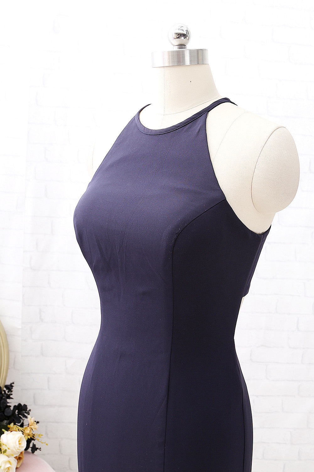 MACloth Neckholder-O-Ausschnitt, Dunkelmarineblau, formelles Abendkleid mit Schlitz, schlichtes Ballkleid