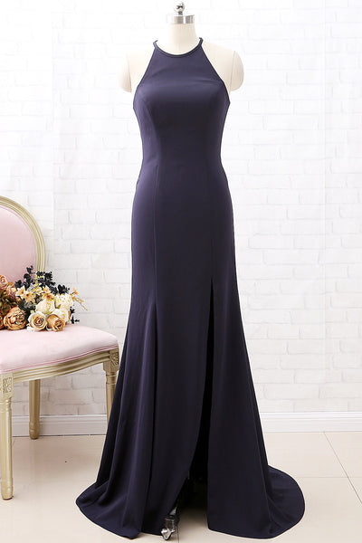 MACloth Halter O Neck Dark Navy Formal Evening Gown with Slit Simple Prom Dress