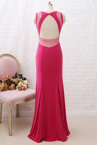 MACloth Sheath Beaded Jersey Long Prom Dress Fuchsia Formal Evening Gown with Open Back