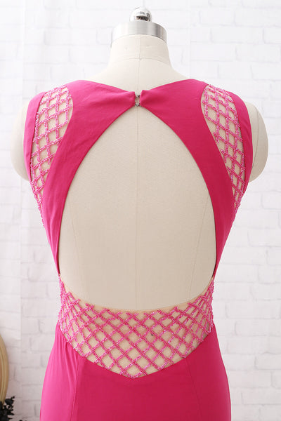 MACloth Sheath Beaded Jersey Long Prom Dress Fuchsia Formal Evening Gown with Open Back