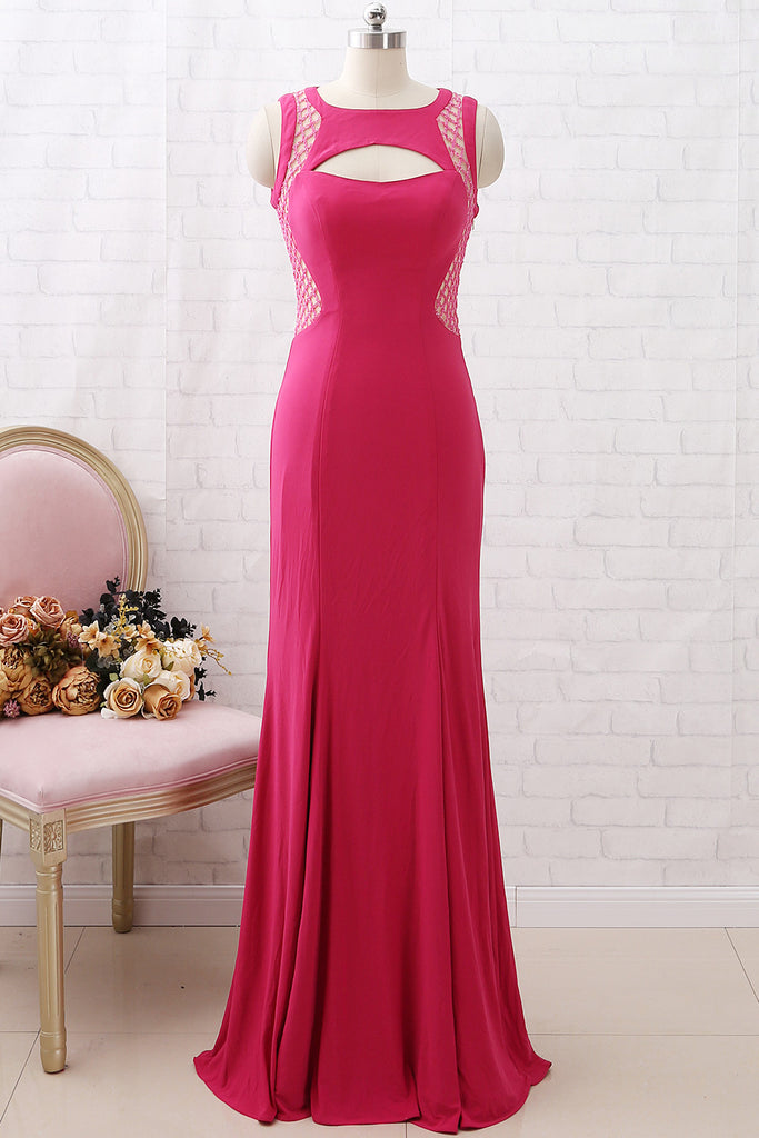 MACloth Sheath Beaded Jersey Long Prom Dress Fuchsia Formal Evening Gown with Open Back