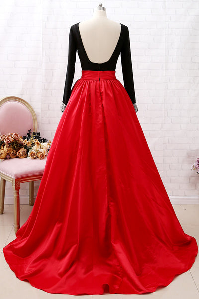 MACloth Long Sleeves Beaded Black Red Ball Gown Prom Dress Formal Evening Gown
