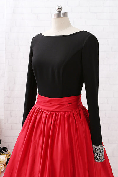 MACloth Long Sleeves Beaded Black Red Ball Gown Prom Dress Formal Evening Gown