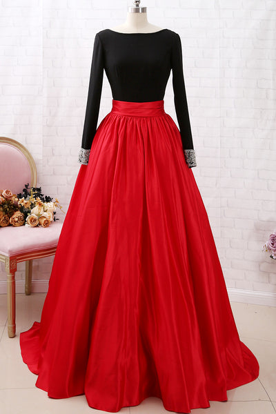 MACloth Long Sleeves Beaded Black Red Ball Gown Prom Dress Formal Evening Gown