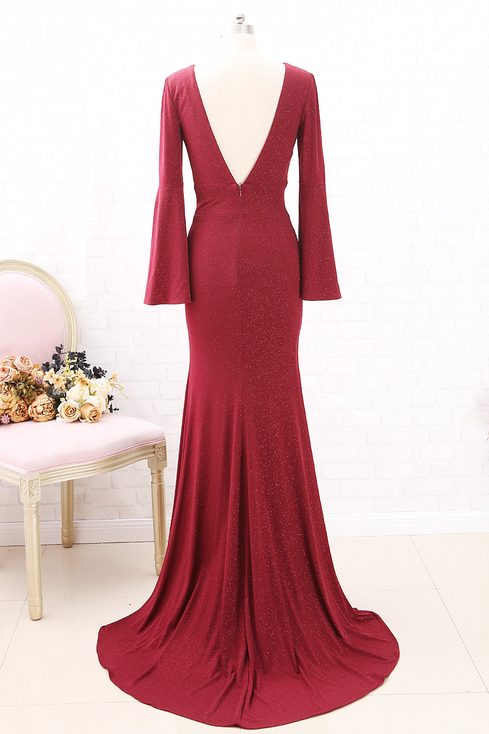 MACloth Meerjungfrau Lange Ärmel V-Ausschnitt Burgunderrot Formelles Abendkleid