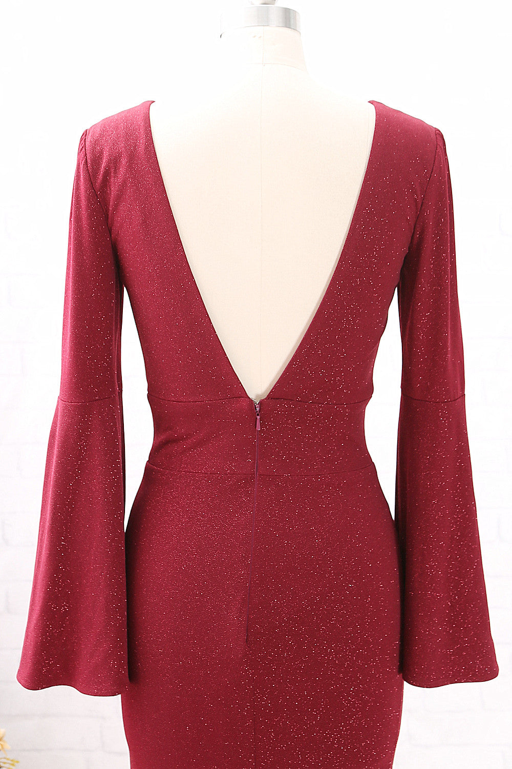 MACloth Meerjungfrau Lange Ärmel V-Ausschnitt Burgunderrot Formelles Abendkleid