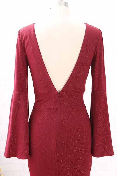 MACloth Mermaid Long Sleeves V neck Burgundy Formal Evening Gown