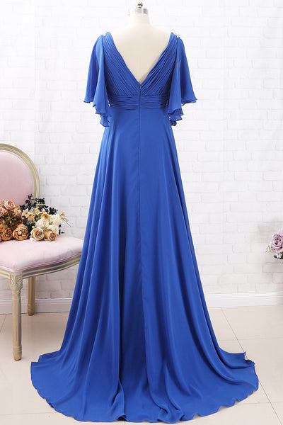 MACloth Short Sleeves V Neck Chiffon Long Mother of the Brides Dress Royal Blue Formal Evening Gown