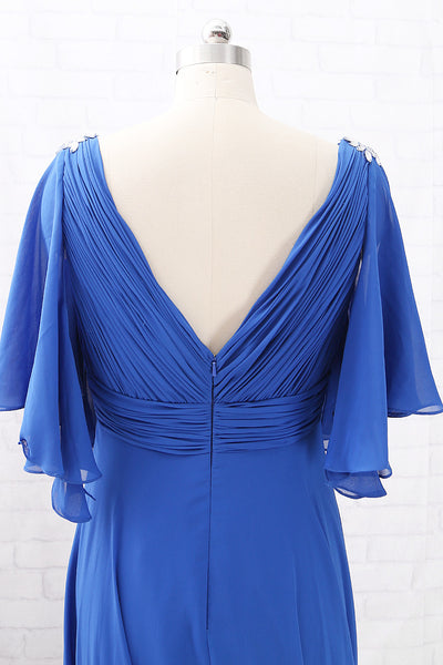 MACloth Short Sleeves V Neck Chiffon Long Mother of the Brides Dress Royal Blue Formal Evening Gown