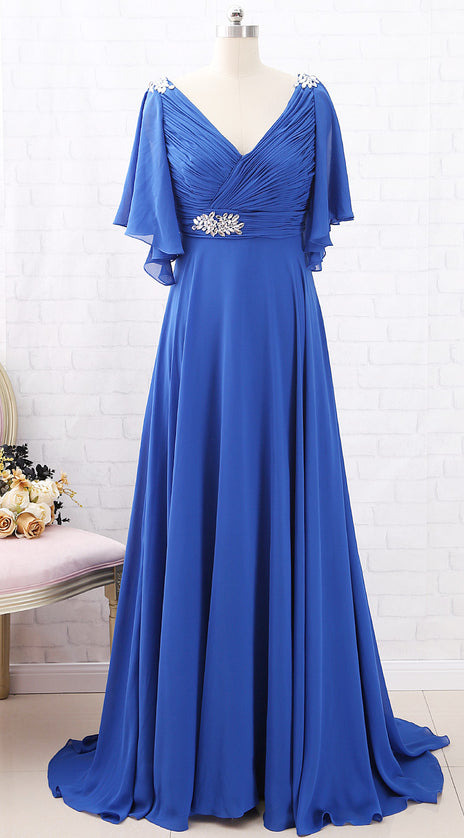 MACloth Short Sleeves V Neck Chiffon Long Mother of the Brides Dress Royal Blue Formal Evening Gown