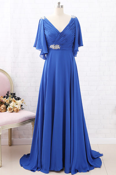 MACloth Short Sleeves V Neck Chiffon Long Mother of the Brides Dress Royal Blue Formal Evening Gown