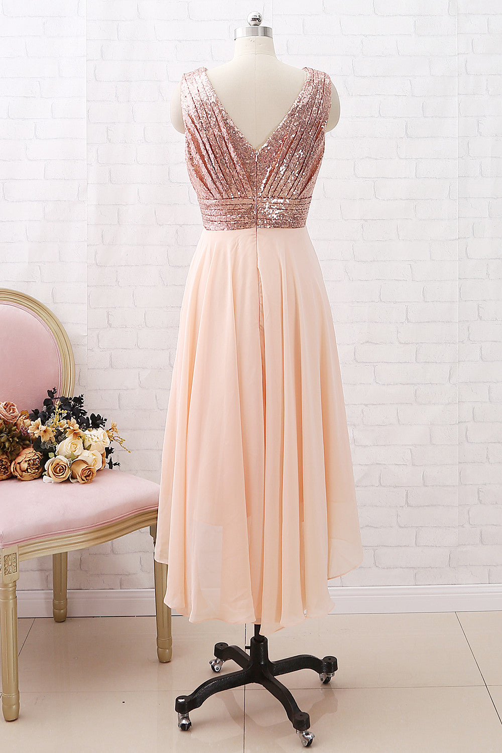 MACloth Straps V neck High Low Sequin Chiffon Bridesmaid Dress Rose Gold Wedding Party Dress Rose Gold / Above Knee / Custom Size