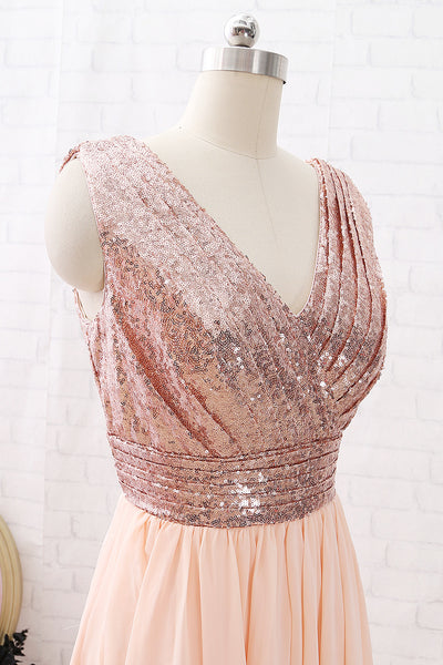 MACloth Straps V neck High Low Sequin Chiffon Bridesmaid Dress Rose Gold Wedding Party Dress