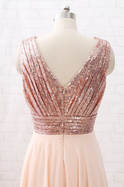 MACloth Straps V neck High Low Sequin Chiffon Bridesmaid Dress Rose Gold Wedding Party Dress