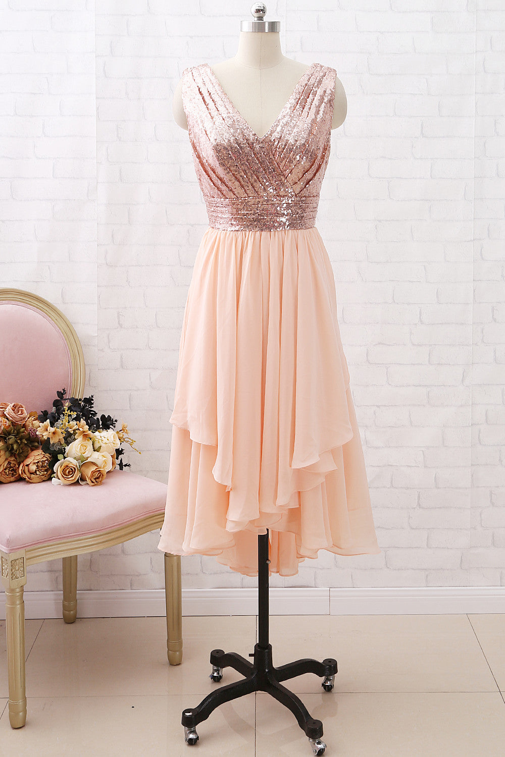 MACloth Straps V neck High Low Sequin Chiffon Bridesmaid Dress Rose Gold Wedding Party Dress Rose Gold / Above Knee / Custom Size