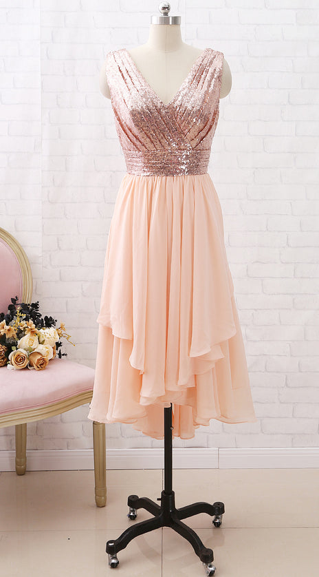 MACloth Straps V neck High Low Sequin Chiffon Bridesmaid Dress Rose Gold Wedding Party Dress