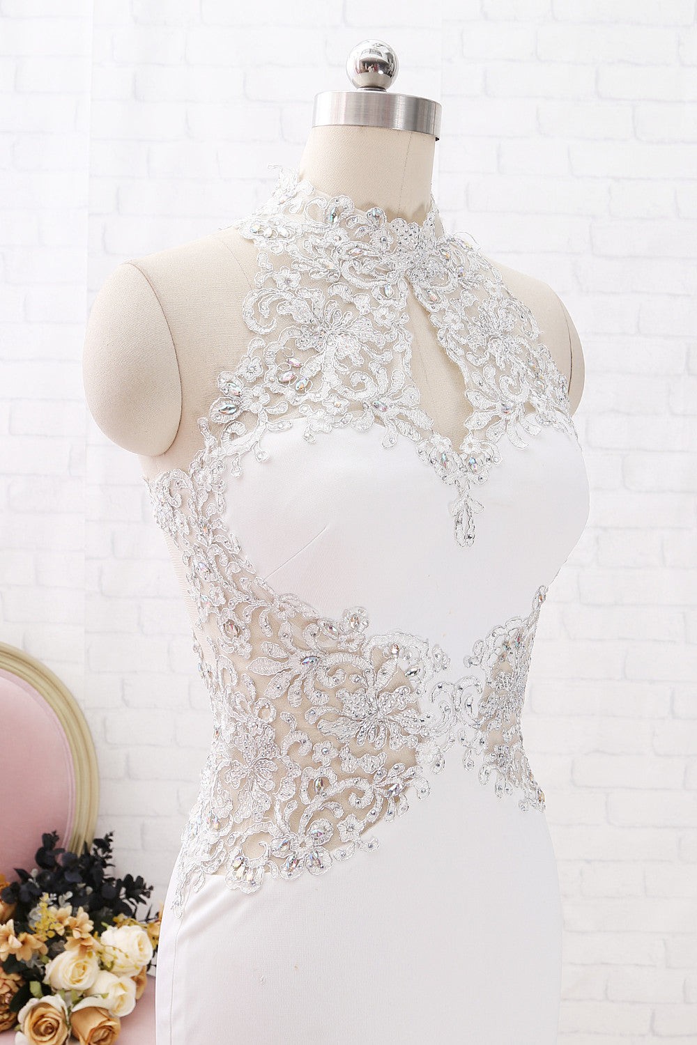 Vestido de fiesta largo de jersey de encaje con cuello alto y escote halter de sirena de MACloth, vestido de noche formal color marfil