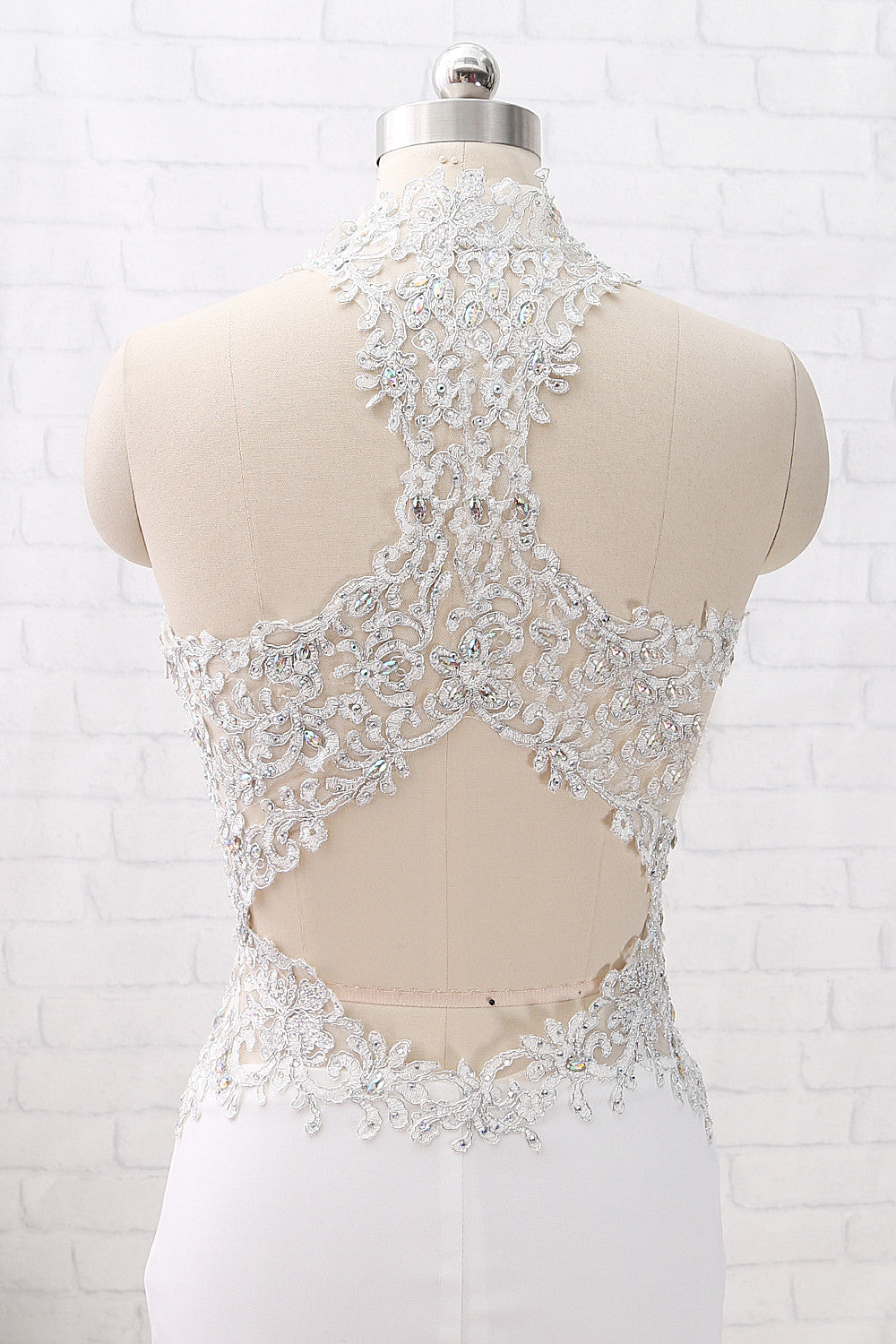 Vestido de fiesta largo de jersey de encaje con cuello alto y escote halter de sirena de MACloth, vestido de noche formal color marfil