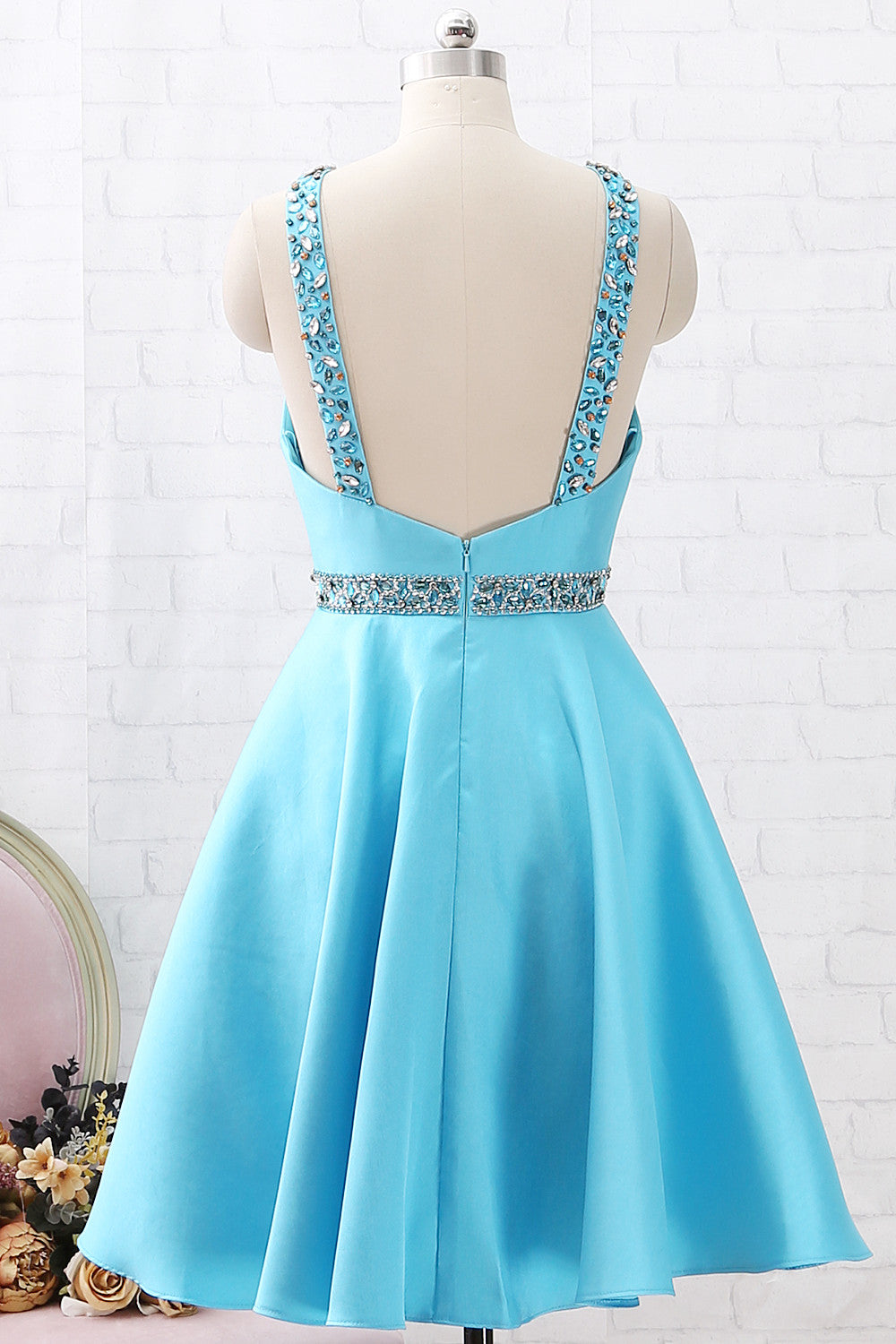 Vestido corto de fiesta de graduación con tirantes finos, escote redondo y cristales de MACloth, vestido de fiesta de boda azul