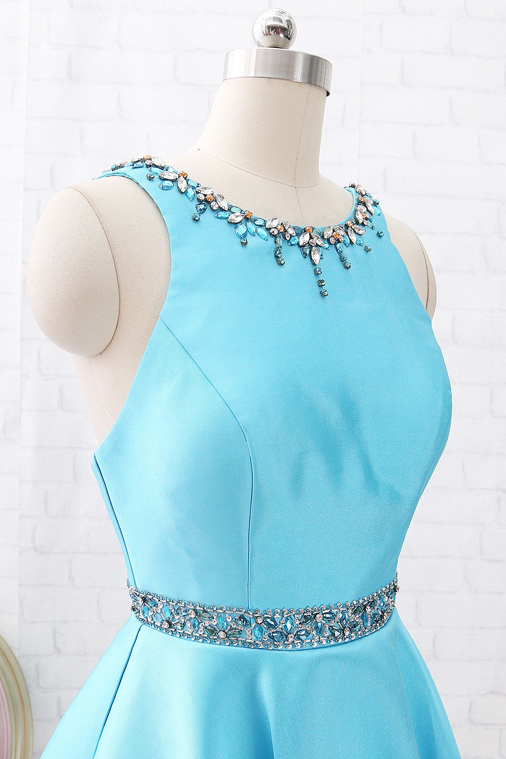 Vestido corto de fiesta de graduación con tirantes finos, escote redondo y cristales de MACloth, vestido de fiesta de boda azul