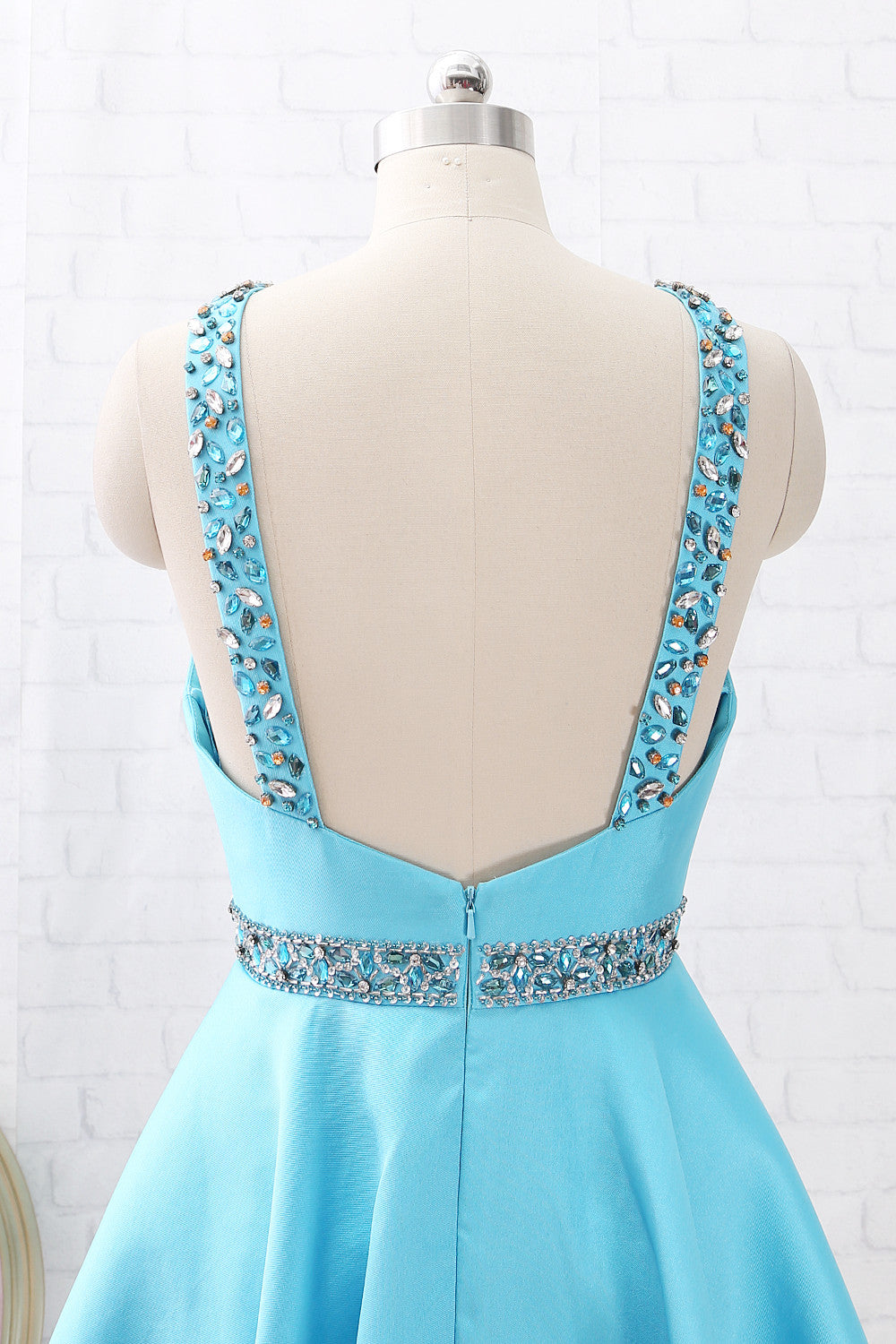 Vestido corto de fiesta de graduación con tirantes finos, escote redondo y cristales de MACloth, vestido de fiesta de boda azul