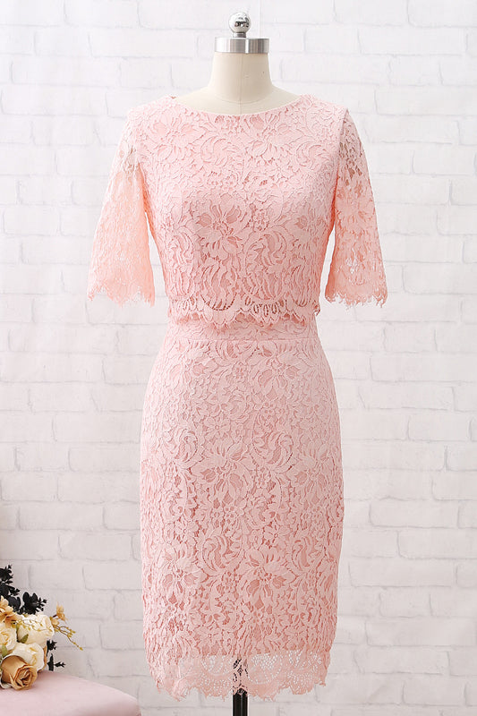 MACloth Short Sleeves Lace Peach Cocktail Dress Knee Length Wedding Party Dress