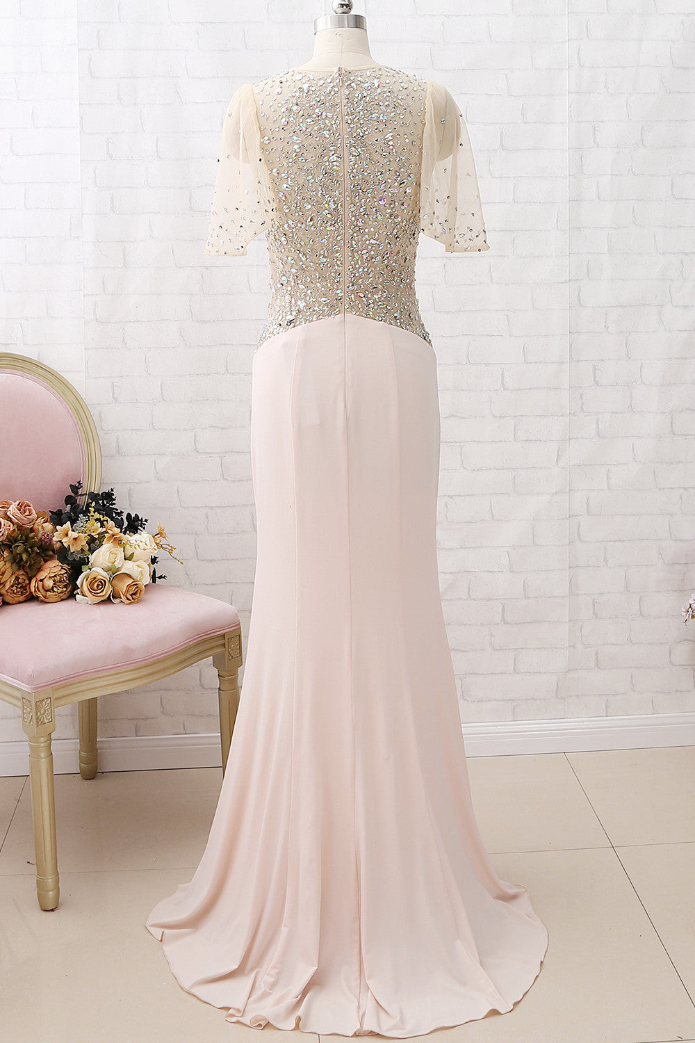 MACloth Kurze Ärmel mit Kristallen Etuikleid Langes Ballkleid Jersey Abendkleid